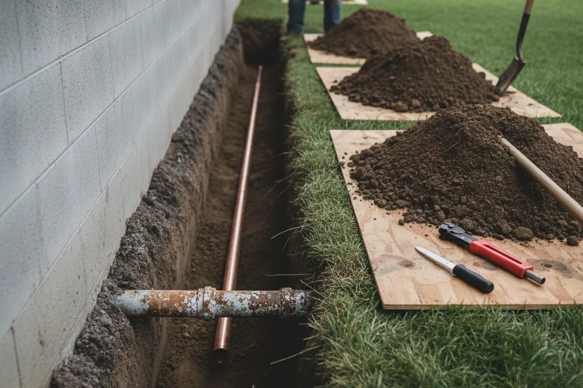 Excavated water line trench during Water Heater Repair in Acton